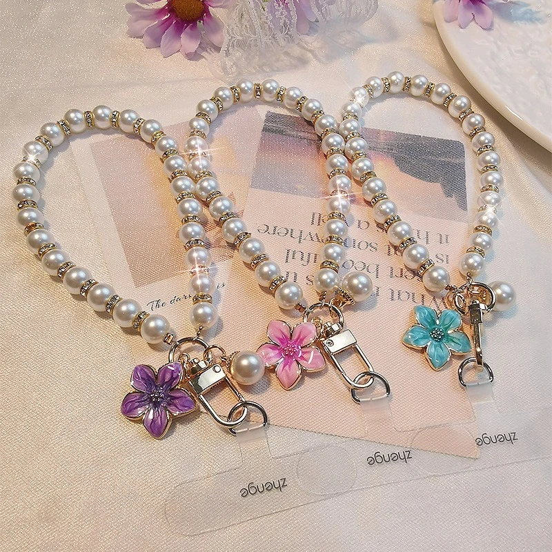 Women Fashion Pearl Flower Pendant Phone Chain, Short Rhinestone Studded Beaded Hanging Strap, Elegant Pearl Charm Wrist Lanyard
