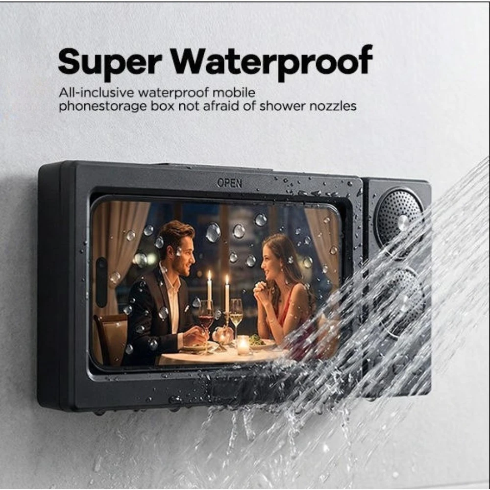 Waterproof Shower Phone Holder with Bluetooth Speaker, 360° Rotatable Wall Mount Phone Stand for Bathroom