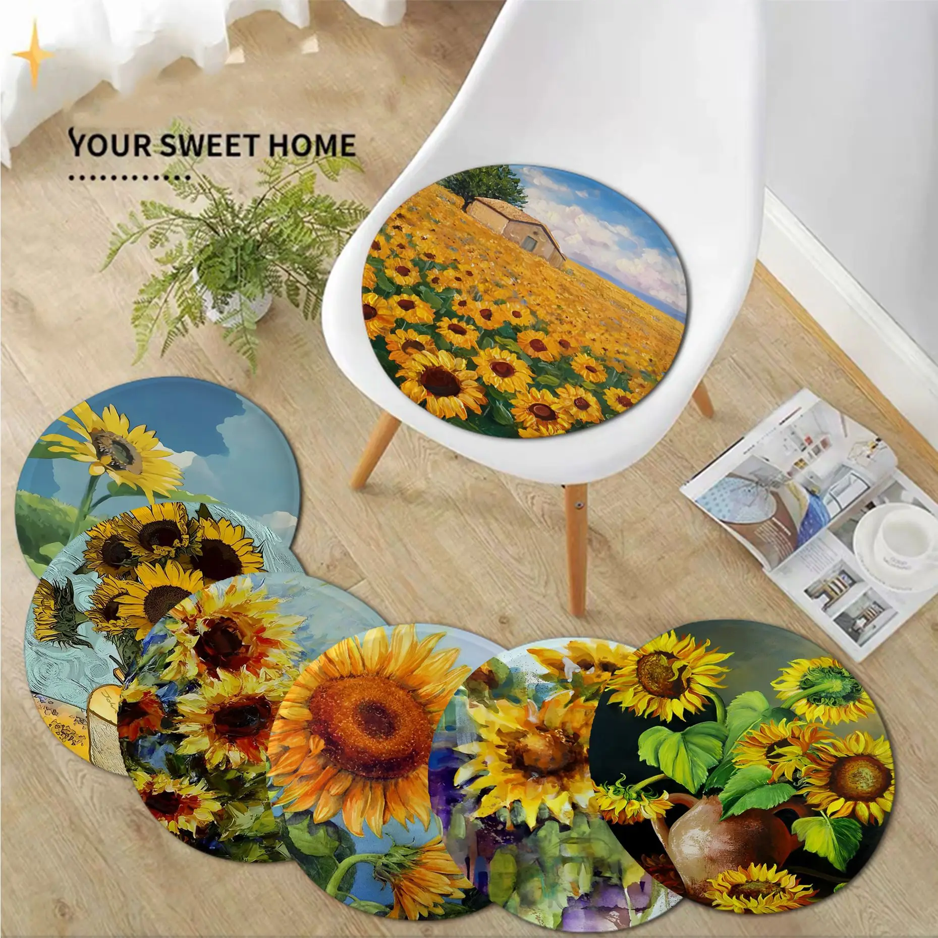 Sunflower Painting Round Seat Cushion Office Dining Stool Pad Sponge Sofa Mat Non-Slip Sofa Cushion