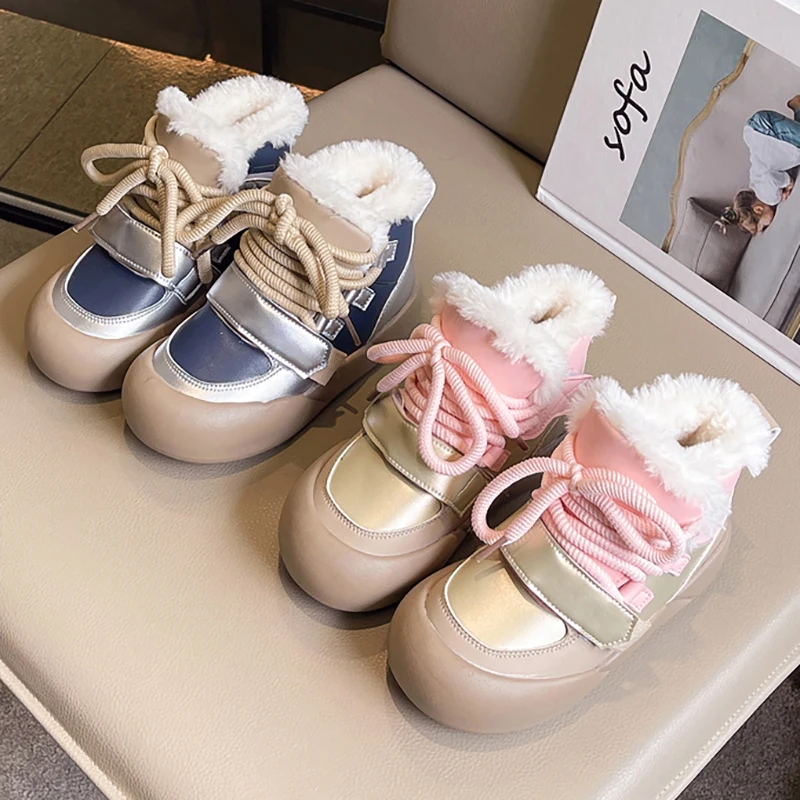 

Winter Plush Boots For Children PU Leather Teenager Kid's Snow Boots Thick Warm Faux Fur Children's Cotton Shoes Boy's Girl's