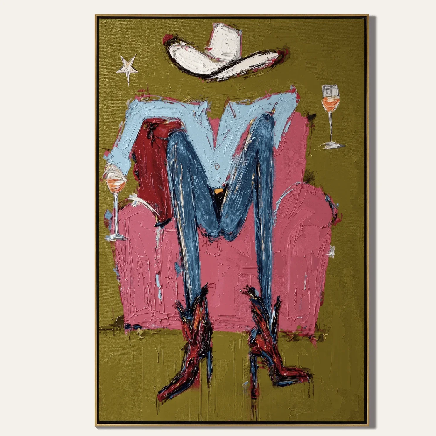 1pc frameless Canvas Painting Wall Art Canvas Prints Posters Decor White Hat Cowgirl Wine Boots Textured Painting For Living Roo
