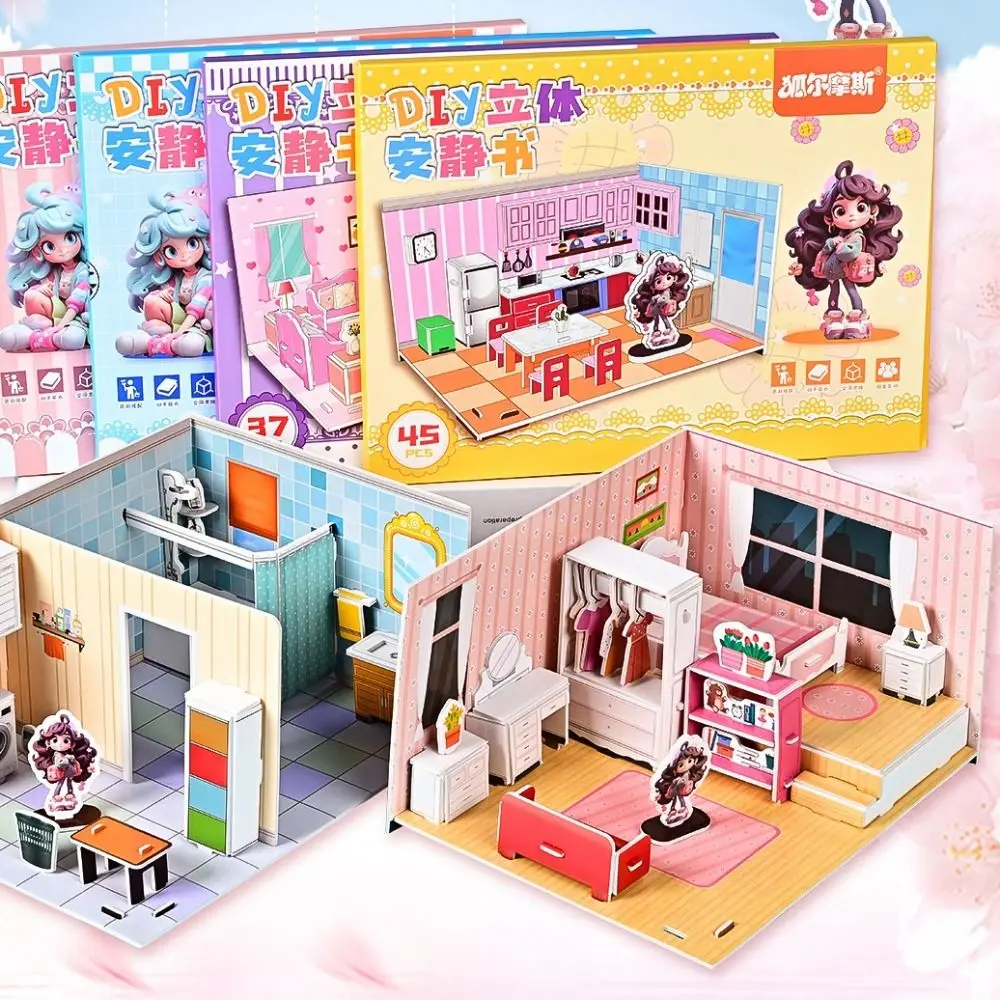 

Bedroom DIY Puzzle Dollhouse Room Living Room Bathroom Pretend Play Paper Doll House Cardboard Handmade 3D Paper Puzzle Room