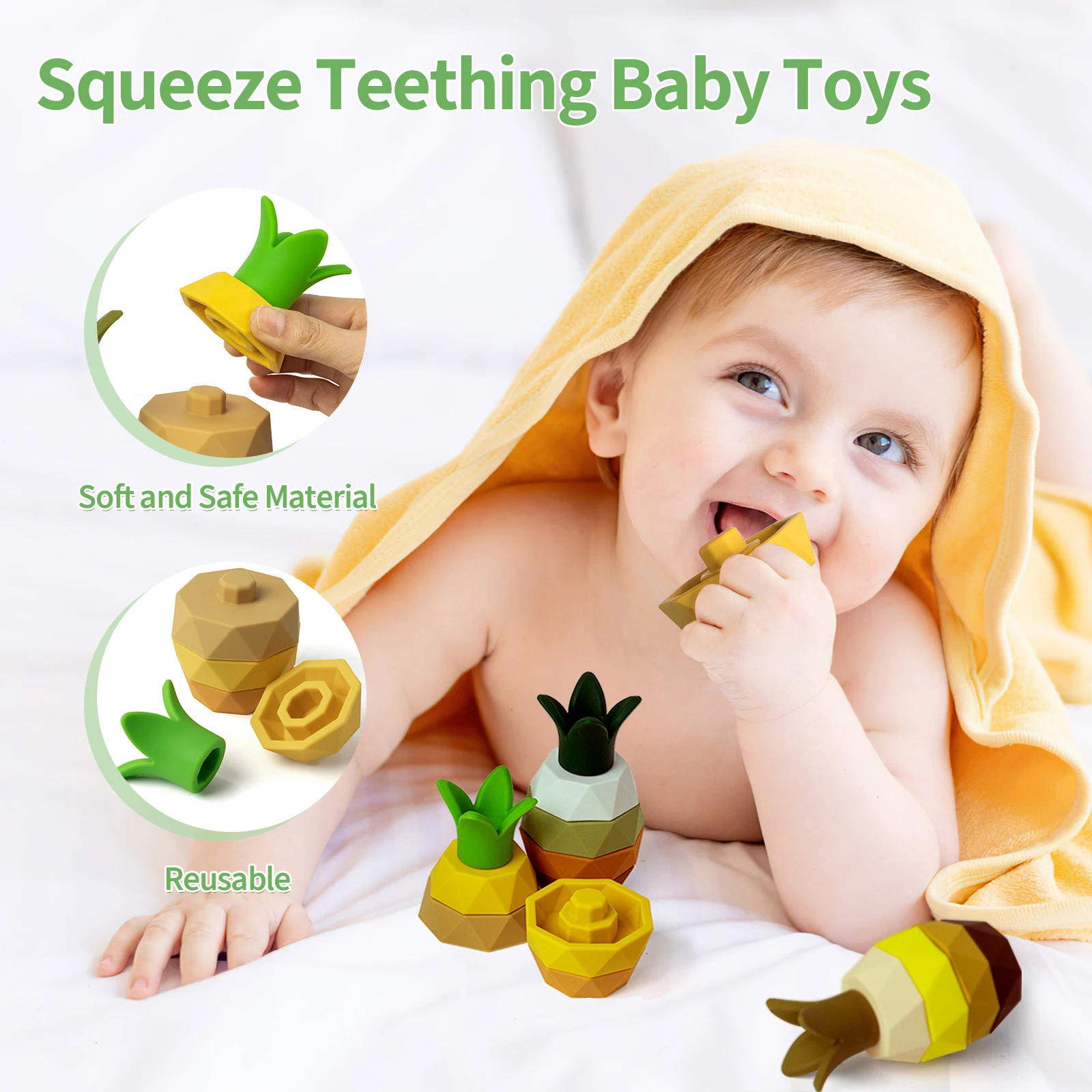 Edukacja dla dzieci w kształcie ananasa i dopasowaniu kolorów, 1 zestaw uroczych, miękkich silikonowych klocków do układania owoców dla dzieci, miękkie zabawki do układania