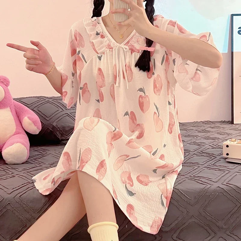 Sweet Night Dress Women Korean Style Pajamas Dress Summer Sleepwear Night Wears for Women Short Sleeve V Neck Homewear Nightgown