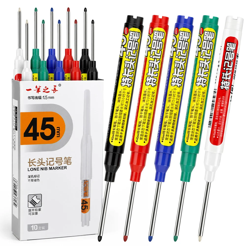 Lot de 4/5/10 marqueurs permanents à pointe longue et profonde de 45 mm – Stylos industriels étanches pour la construction, le travail du bois et le marquage de position