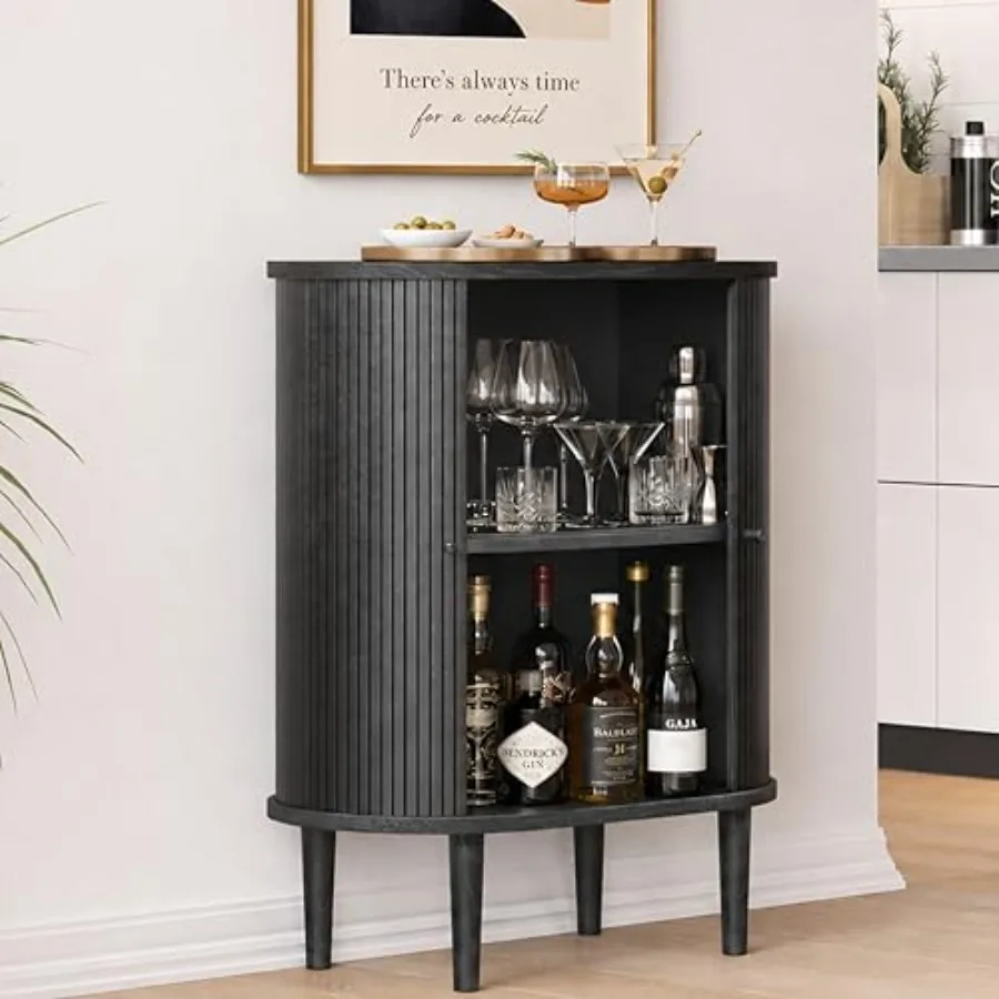 

28'' Fluted Black Bar Cabinet with Sliding Doors, Hidden Storage and Adjustable Shelf - Modern Liquor Cabinet and Narrow Wine B
