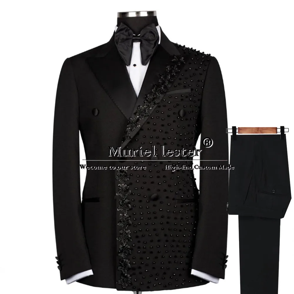 Man Formal Party Wedding Suits Fit Slim Crystals Beaded Lapel Prom Blazer Custom Made Double Breasted Jacket Pants 2 Pieces Set