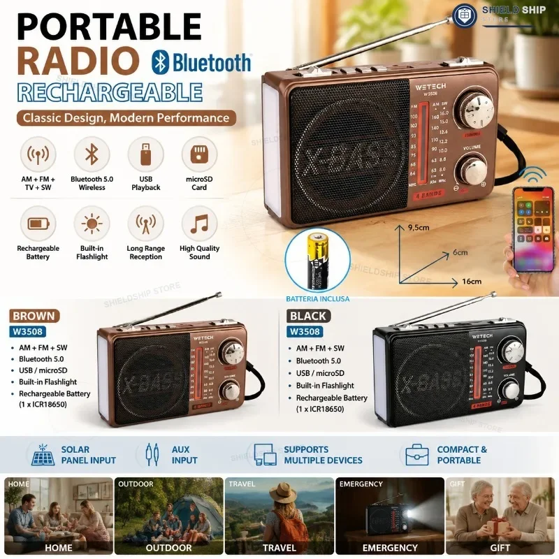 Radio portatile vintage con altoparlante Bluetooth, ricaricabile, radio wireless AM FM SW a 4 bande, ricevitore, lettore di schede USB e TF, radio da esterno