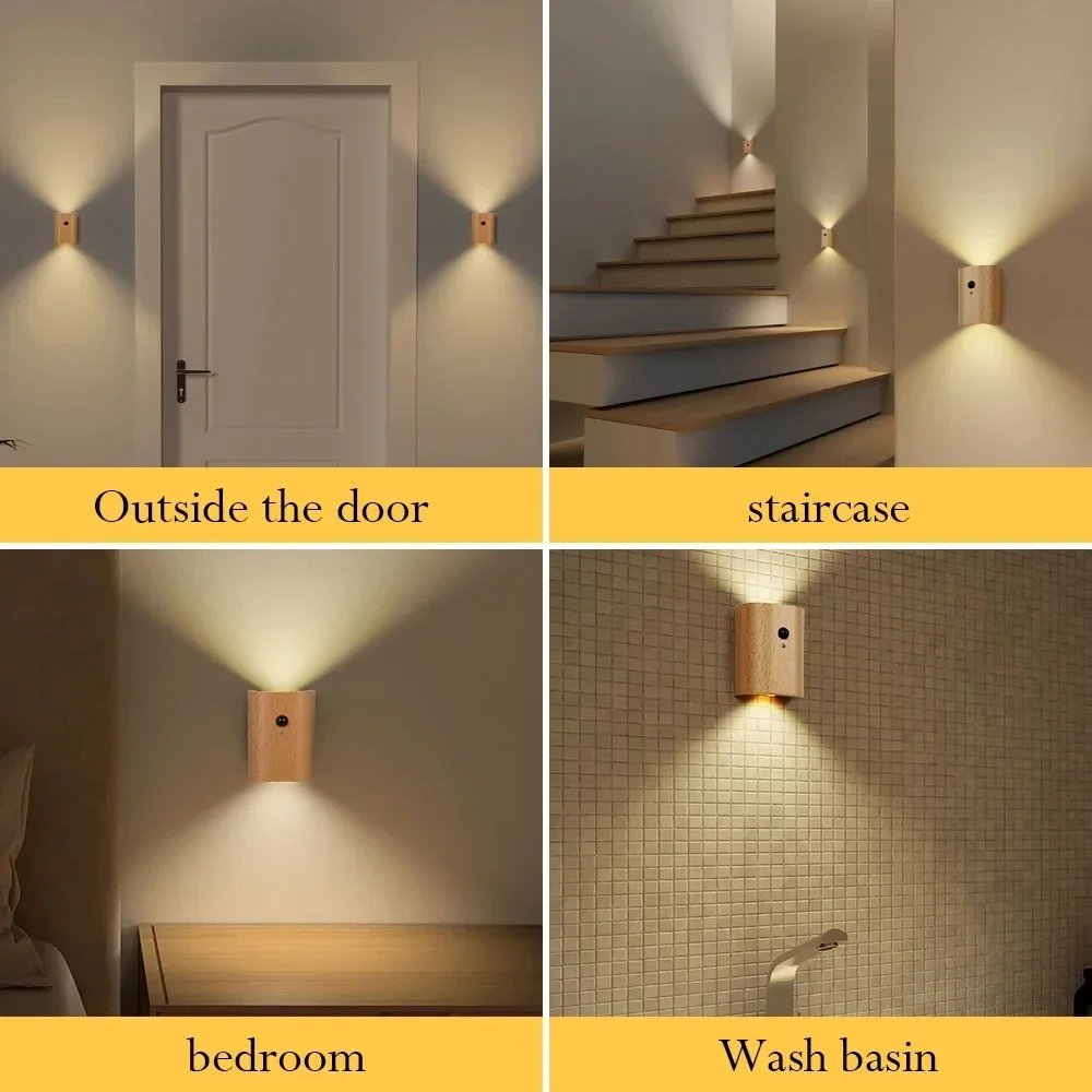 Wooden Motion Sensor Night Light USB Rechargeable LED Magnetic Induction Wall Light Bedroom Corridor Stair Light Home Decor