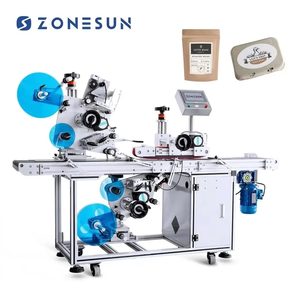 ZONESUN ZS-TB602 Automatic High Speed Double Head Flat Bottle Bag Sticker Top Bottom Labeling Machine for Cosmetic
