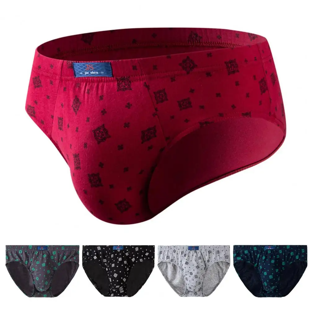 Men Briefs Print Contrast Color Elastic Waist Triangle Shape Breathable Anti-septic Sweat Absorption U Convex Men Underpants