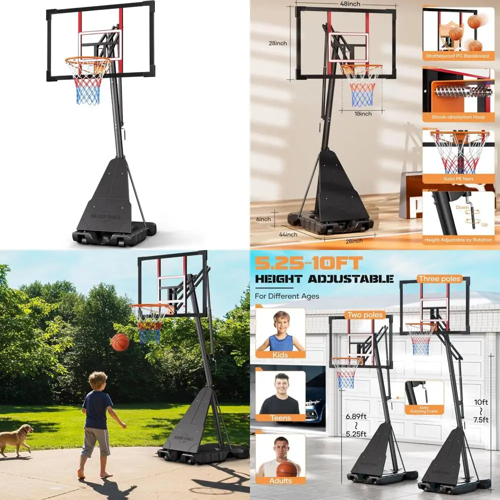 

Portable Outdoor Basketball Hoop 10FT with Adjustable Height, 44-48 Inch Backboard, Stepless and Durable for All Ages