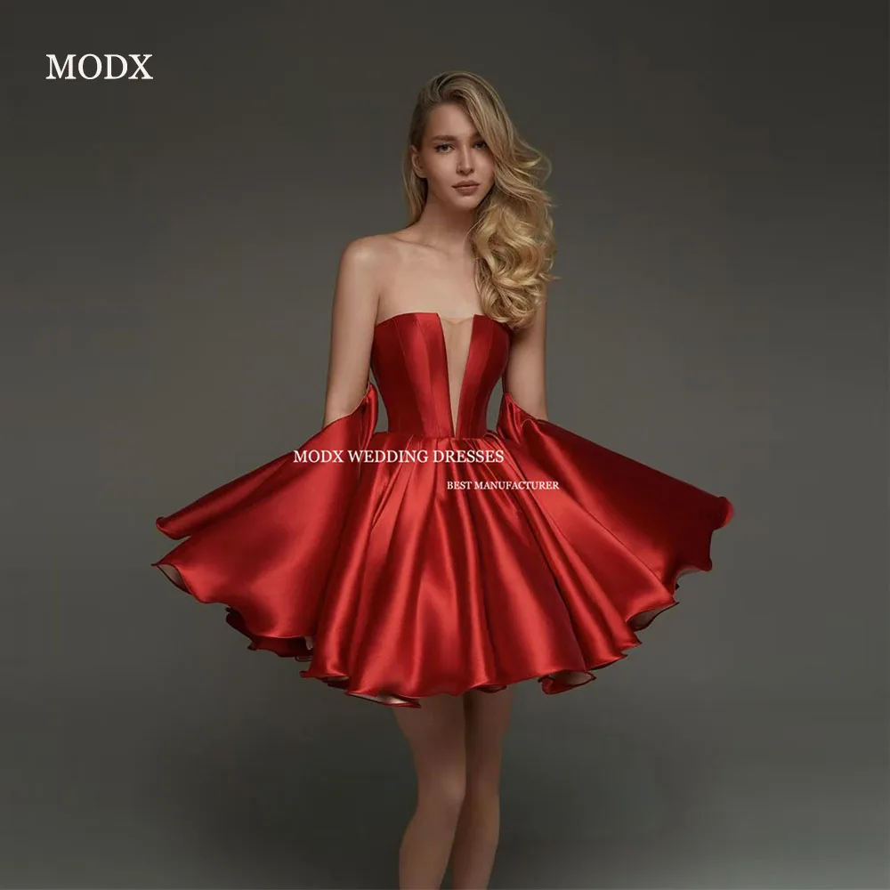 

MODX Red Short Prom Party Dresses Satin Wedding Party Guest Strapless Mini Cocktail Dress Corset Back Photo shoot Korea