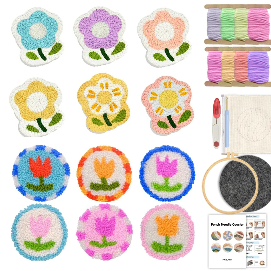 

6 Pcs Floral Pattern Punch Needle Embroidery Coasters Kit Handmade Table Set Modern Cup Coaster for Drink Kitchen Accessories