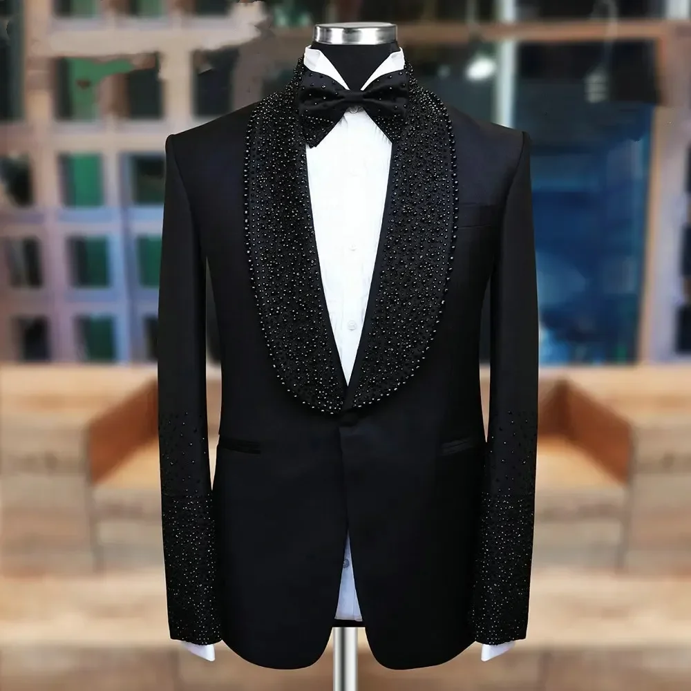 Design Man Tuxedos Handmade Beaded 1 Pcs Jacket Men Suit Luxury Shawl Lapel One Button Evening Wedding Groom Customized