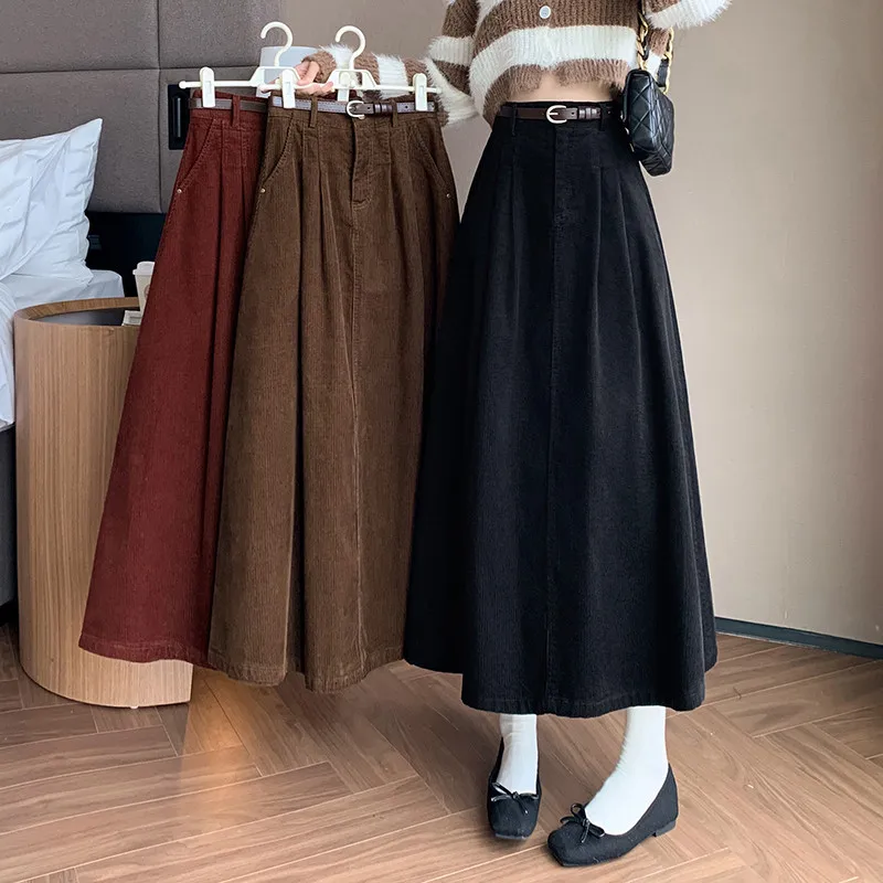 Long Skirt for Women 2025 Autumn and Winter, High-waisted, Flared, Pleated, Slim-fitting Corduroy Midi Skirt