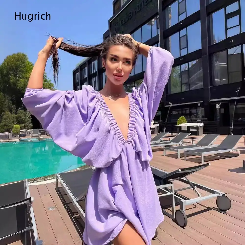 Women Red Deep V Neck Bubble Long Sleeve Loose Swing Mini Dress Crinkle Textured Beach Cover Up