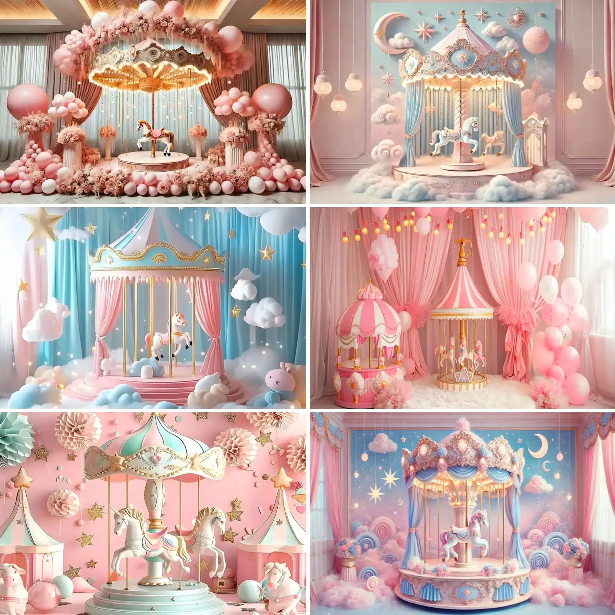 

Dreamy Circus Carousel Theme Background Pink Stars Clouds Princess Room Decoration Newborn Baby Birthday Party Decoration Banne