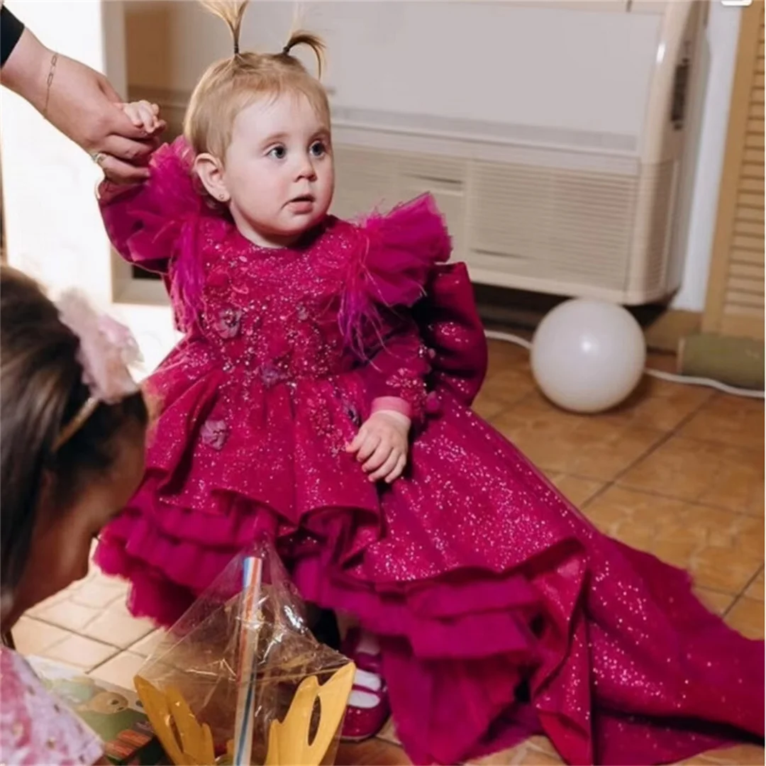 

Gorgeous Hot Pink Toddler Baby Girl Birthday Dress Big Bow Long Sleeves Feather Princess Pageant Wedding Prom Dresses with