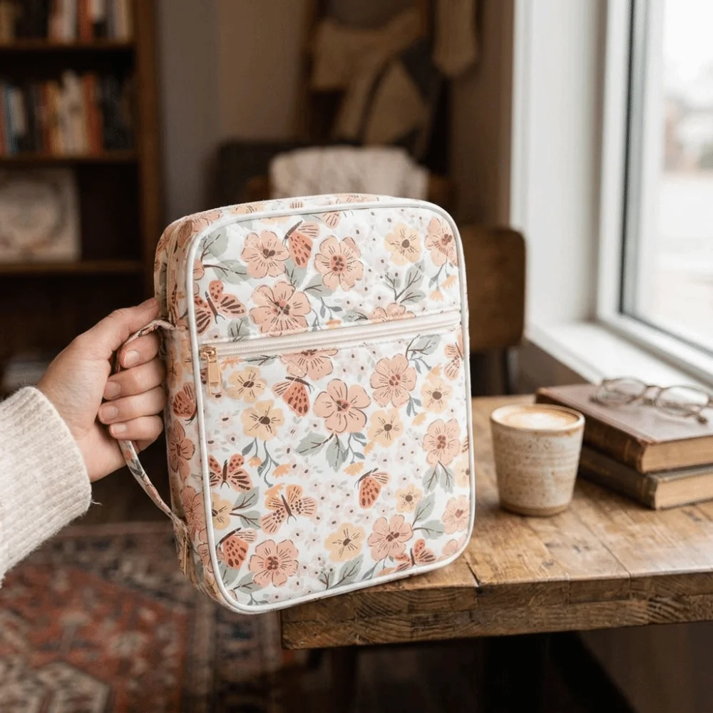 Dustproof Book Storage Bag Large Capacity Quilted Cotton Protective Pouch Floral Print Interior Organizer Pockets Book Pouch