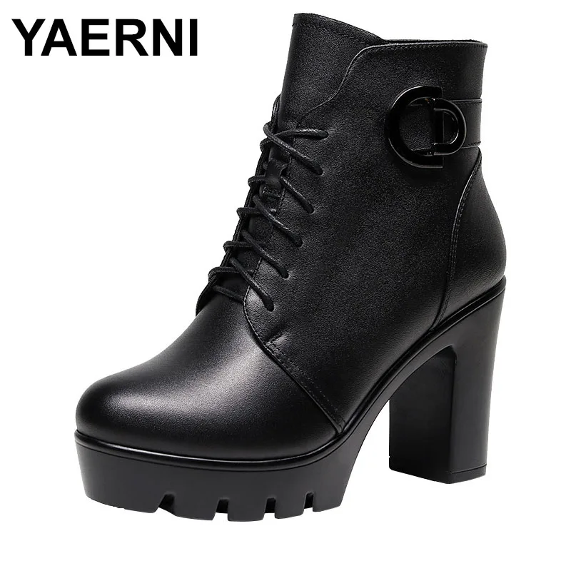 

Высококачественные короткие ботильоны для женщин, кожаные, на высоком каблуке 10 см, 13 см, на платформе, с круглым носком, 32, 33, осенне-зимняя элегантная обувь черного цвета