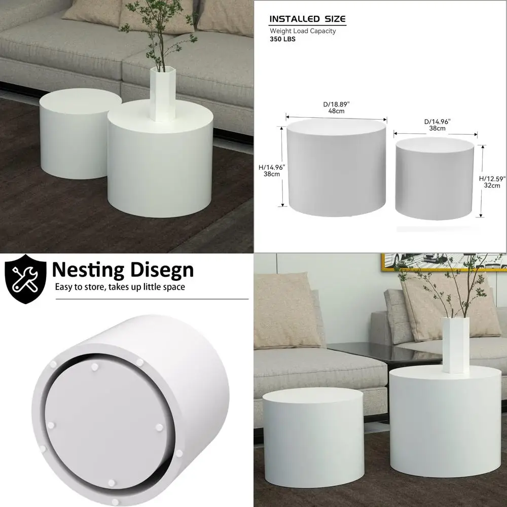 

Modern Industrial Style Small Round Nesting Side Table Set of 2 for Living Room, Kevinplus White Coffee Tables