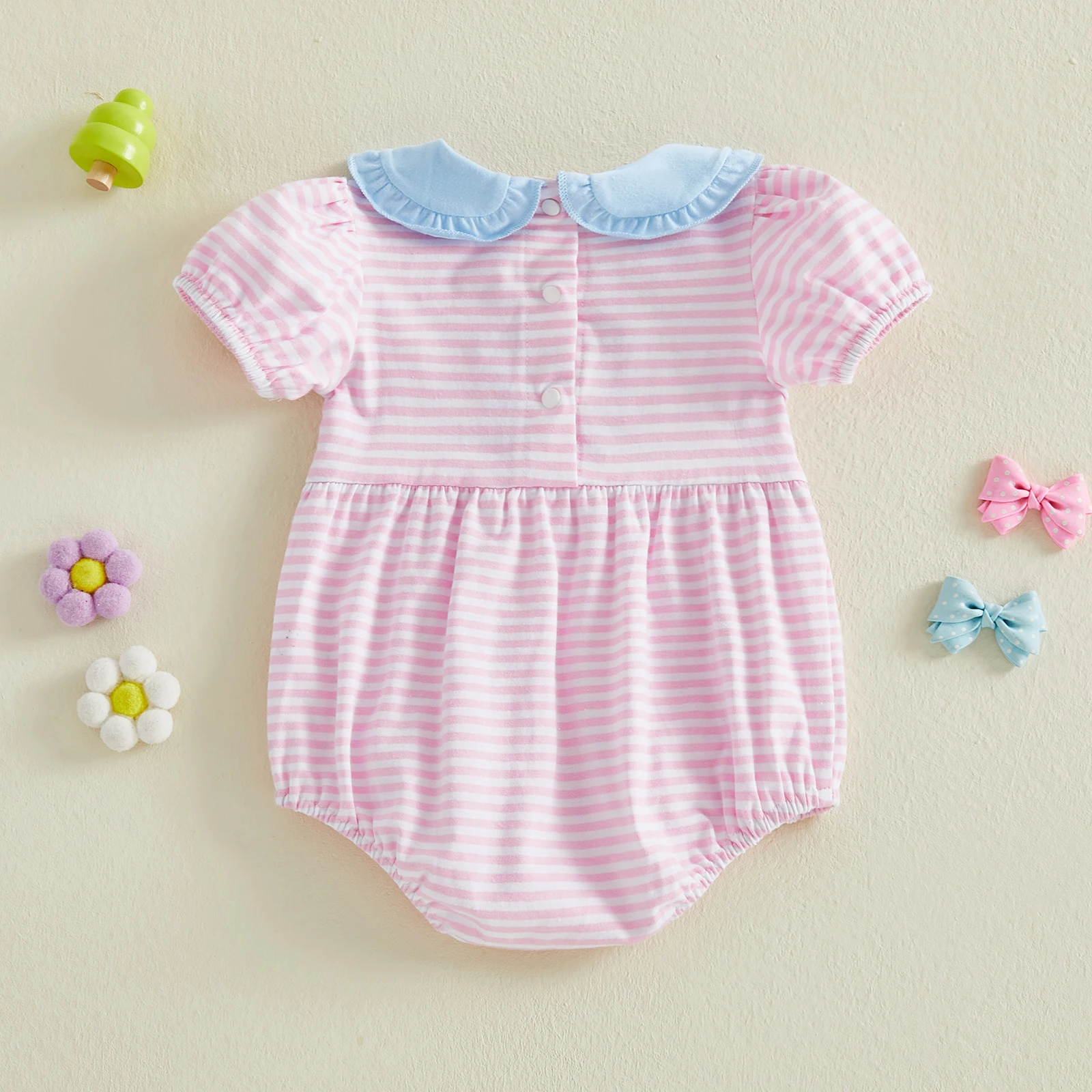Summer Infant Baby Girl Striped Bodysuit Short Sleeve Doll Collar Bow Embroidery Sweet Jumpsuit Clothes