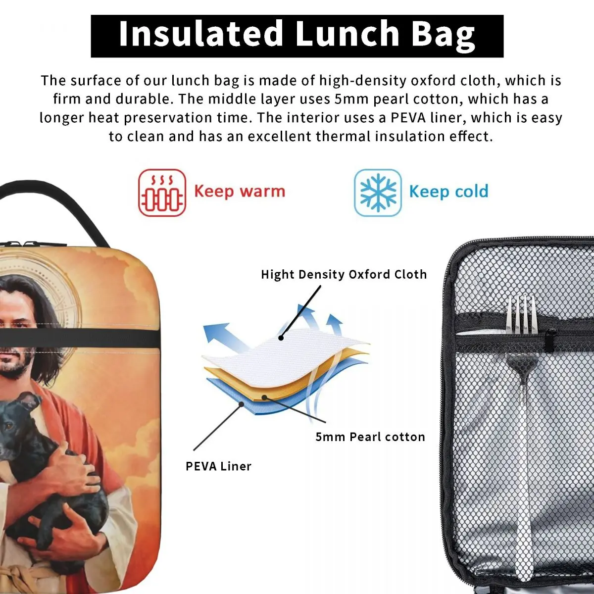 Keanu Reeves Lord & Saviour bolsas de almuerzo aisladas, parodia de Jesús y perro, bolsa de comida a prueba de fugas, enfriador térmico, cajas de almuerzo para la escuela