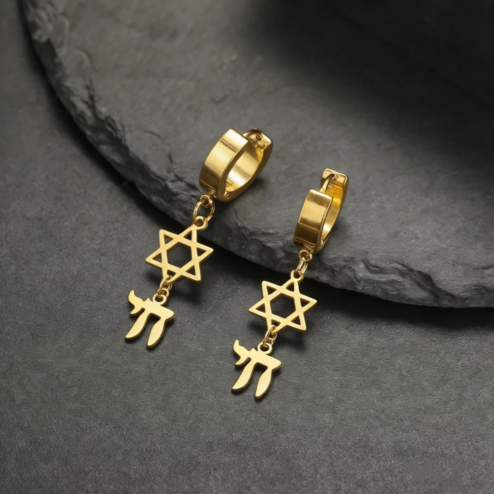 Star of David Jewish Hebrew Letter Chai Pendant Hoop Earrings for Men Women Stainless Steel Jewish Jewelry Gifts