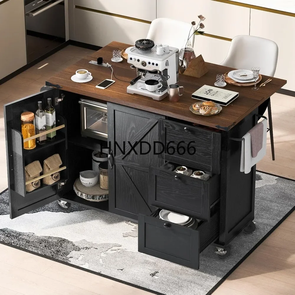 Farmhouse Kitchen Island with Power Outlet, Drop Leaf   Spice Rack, Rolling Wheels,