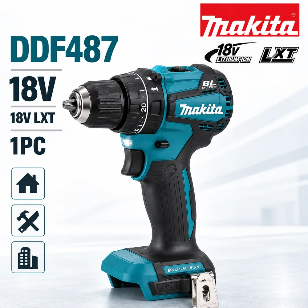 Makita DDF487 Akku-Bohrhammer, 18V LXT Bürstenloser 2-Gang 20 Drehmomentstufen LED-Licht, Nur Werkzeug oder 6,0Ah Akku-Paket