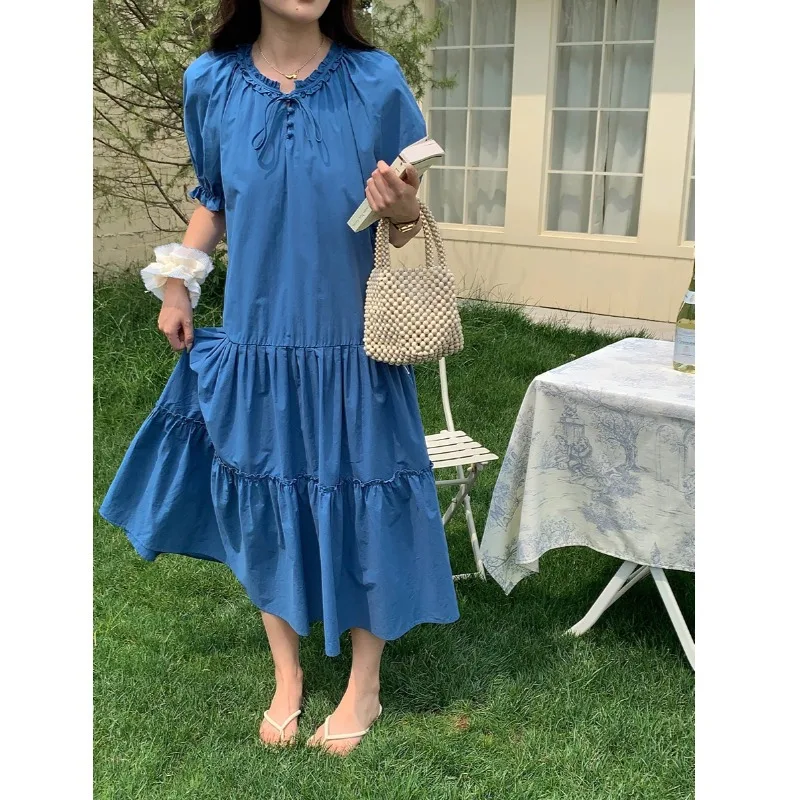 

Summer new casual cotton lace o-neck short sleeve long dress women