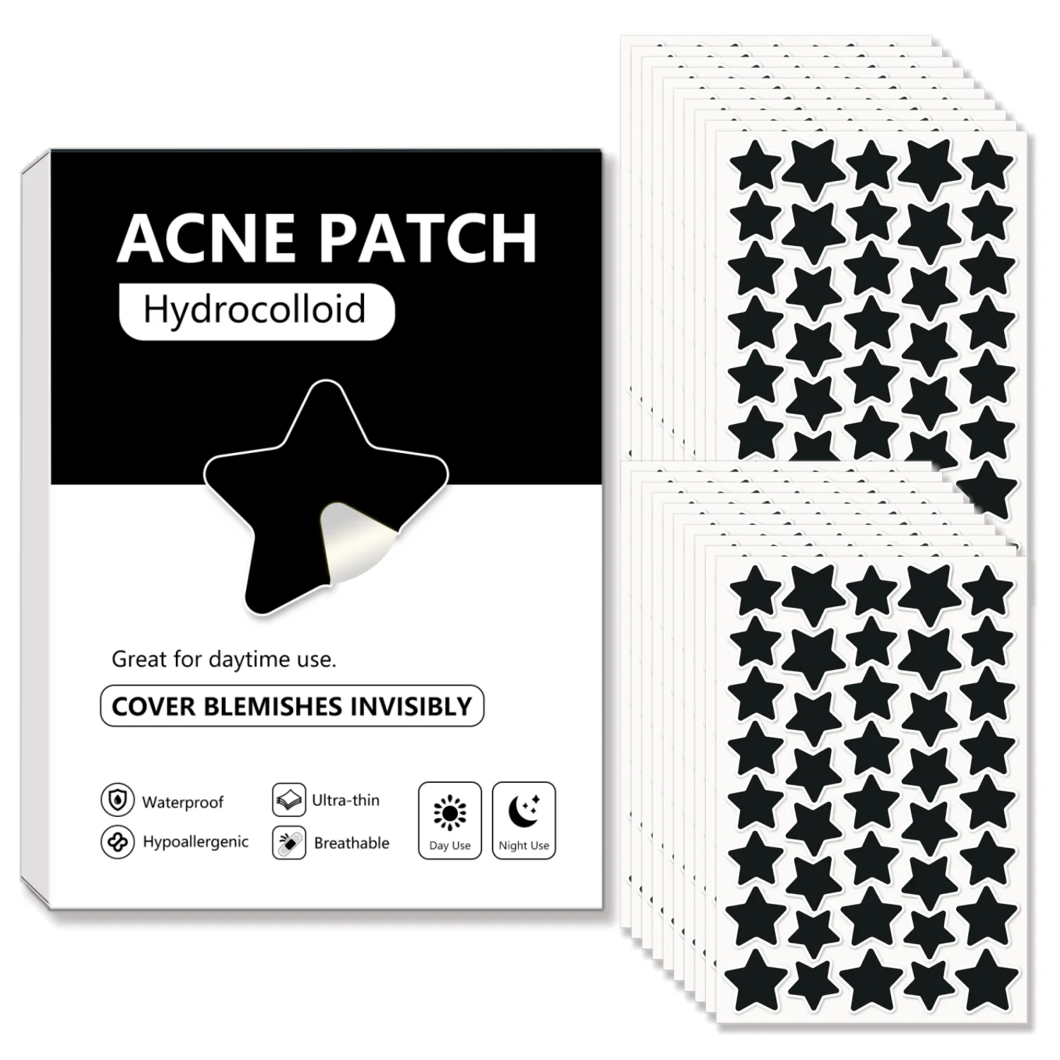 200/400/800PCS Hydrocolloid Star Acne Patches Black Ultra Thin Waterproof Blemish Cover Stickers for Face Day Night Skincare