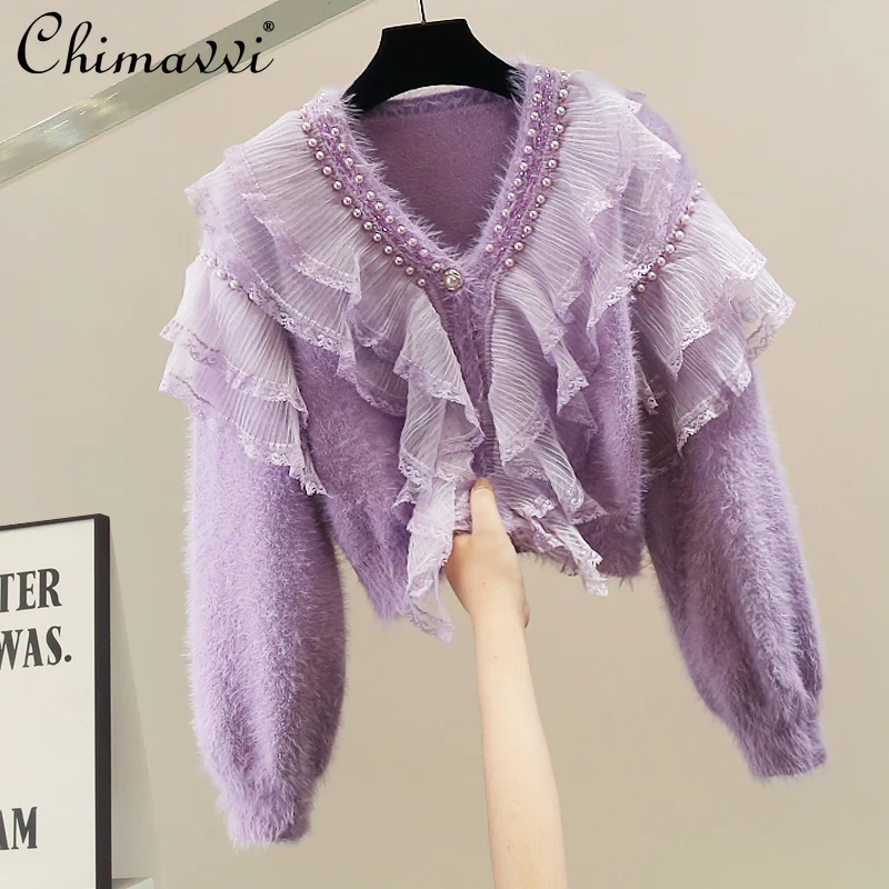 

Модный тяжелый свитер с v-образным вырезом и длинными рукавами, расшитый бисером, женский новый осенне-зимний тяжелый фиолетовый свободный вязаный топ с длинными рукавами