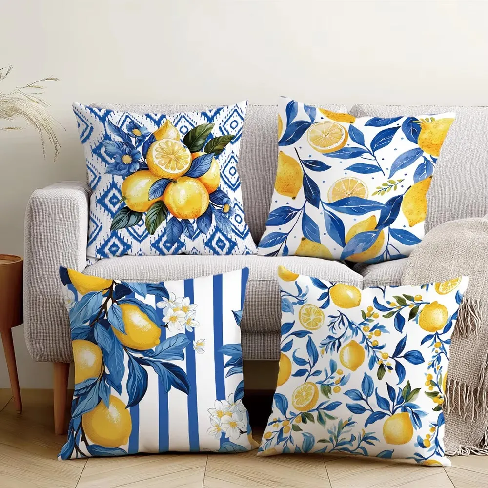 Coastal Blue Stripe Lemon Blossom Throw Pillow Cover Home Farmhouse Outdoor Decoration Cushion Cover 100% Cutton High Quality
