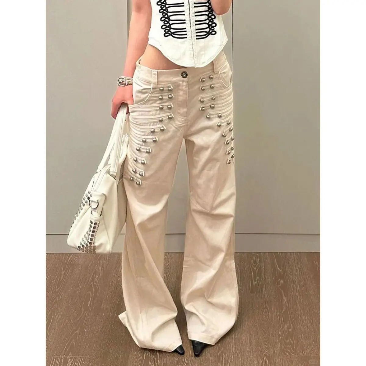 Jeans For Men And Women Trendy American High Street Metal Buckle Design Straight Wide-leg Floor-length Pants Alternative Couple