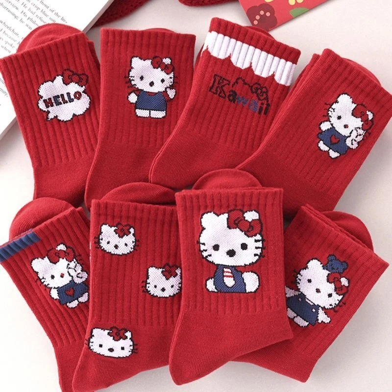 New Hello Kitty Red Socks Winter Mid Tube Cartoon Cute Hello Kitty Cat Comfortable Cotton New Chinese New Year Super Cute Socks