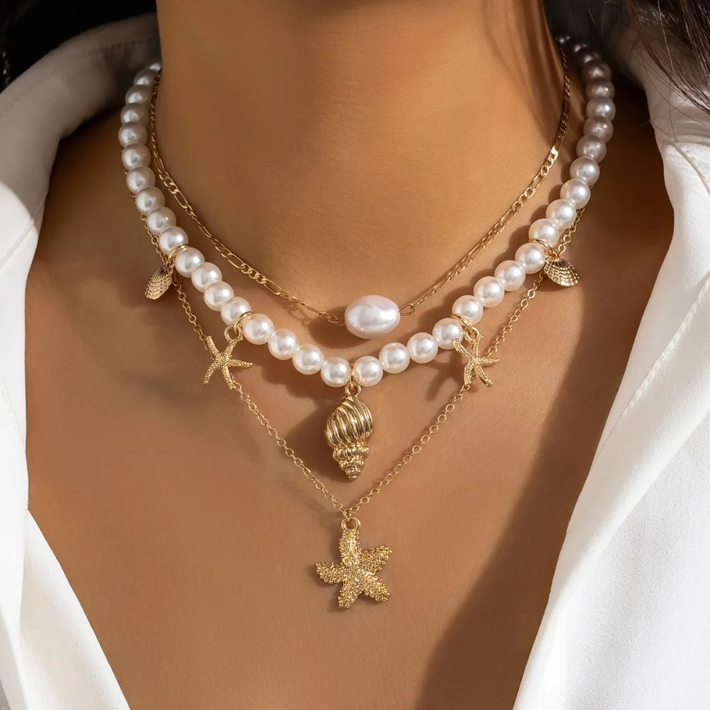 Retro Trend Starfish Shells Fish Tail Pendant Imitation Pearl Beaded Multiple Layer Chain Necklace for Women Beach Jewelry Gifts