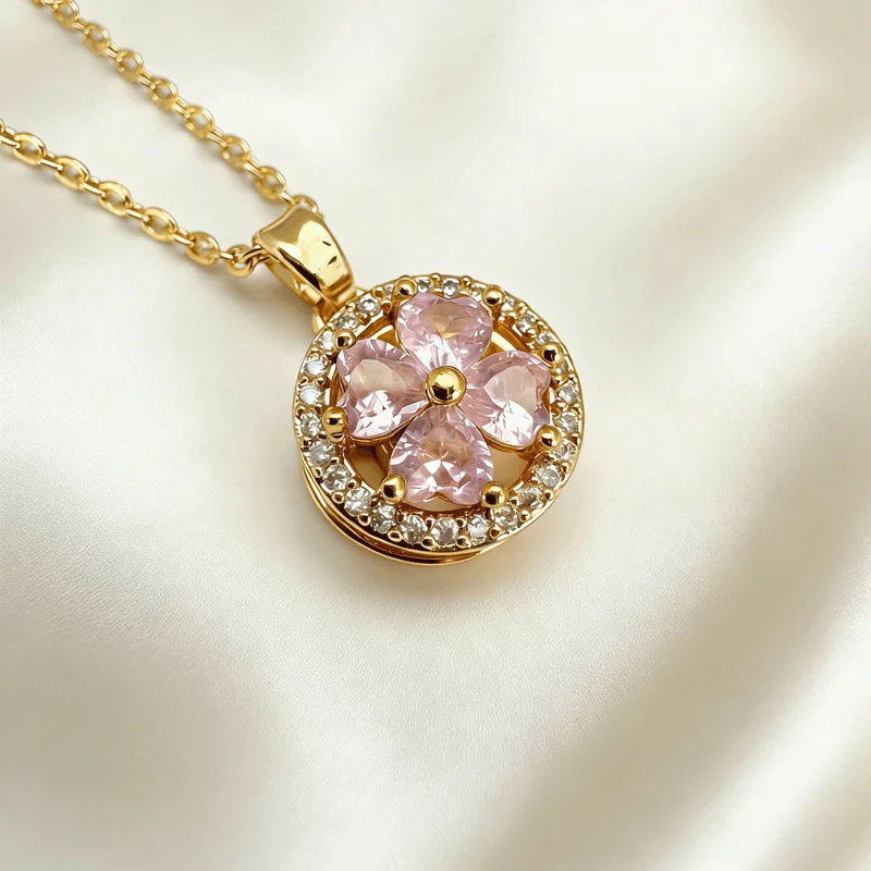 Light Luxury Copper Plated Pink Flower Zircon Pendant Necklace For Women Wedding Birthday Party Daily Fashion Gift