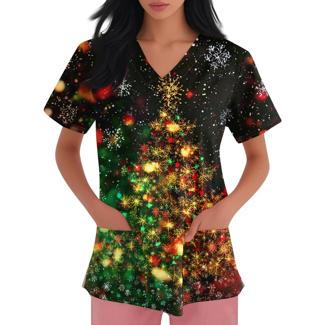 Nieuwe Sanitair Uniform Vrouw Kerstcollectie Print Modieuze V-hals Korte Mouw Hoge Kwaliteit Medische Uniformen Dames Top