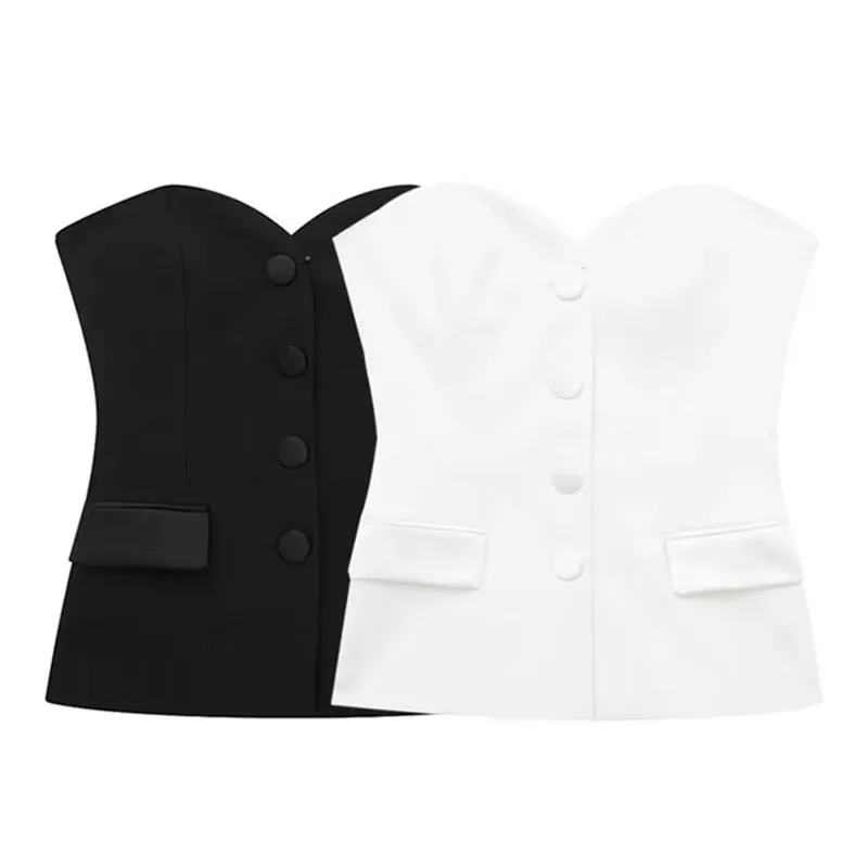 HH Donne di Estate Elegante Top Bianco Bottone Frontale Corsetto Tubo Top Senza Spalline Senza Maniche 2024 di Modo Y2k Femminile Chic Top