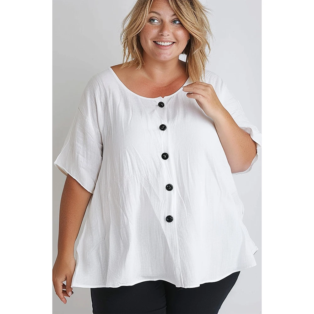 Plus Size Summer Casual White Basic Linen Button Down Round Neck Half Sleeve Blouse