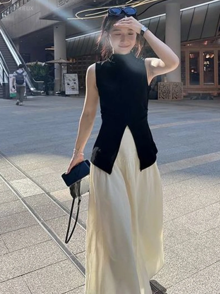 Harajuku Half Height Split Tee Shirts Women Y2k Aesthetic Solid Vintage Sleeveless T-Shirt Streetwear Casual Grunge Crop Tops