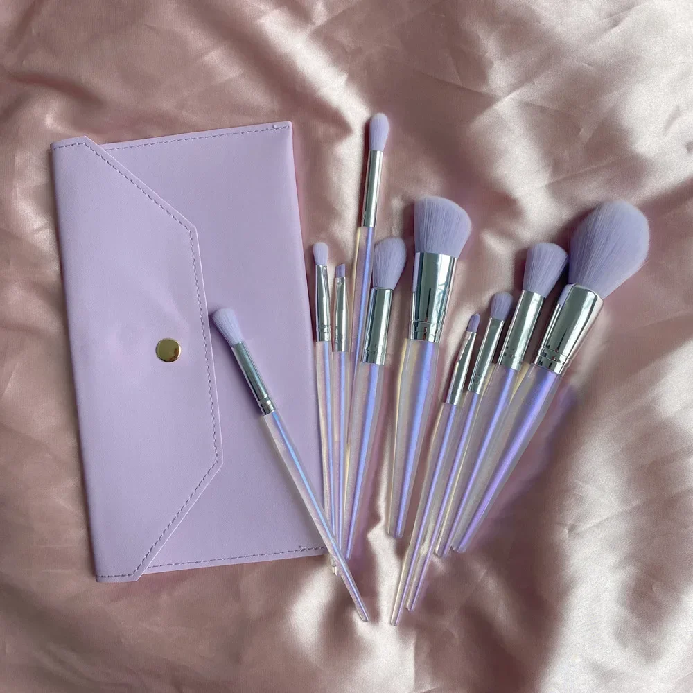 Pinceau de maquillage professionnel en cristal violet avec sac, fard à barrage, poudre, fond de teint, sculpture, surligneur, 10 pièces