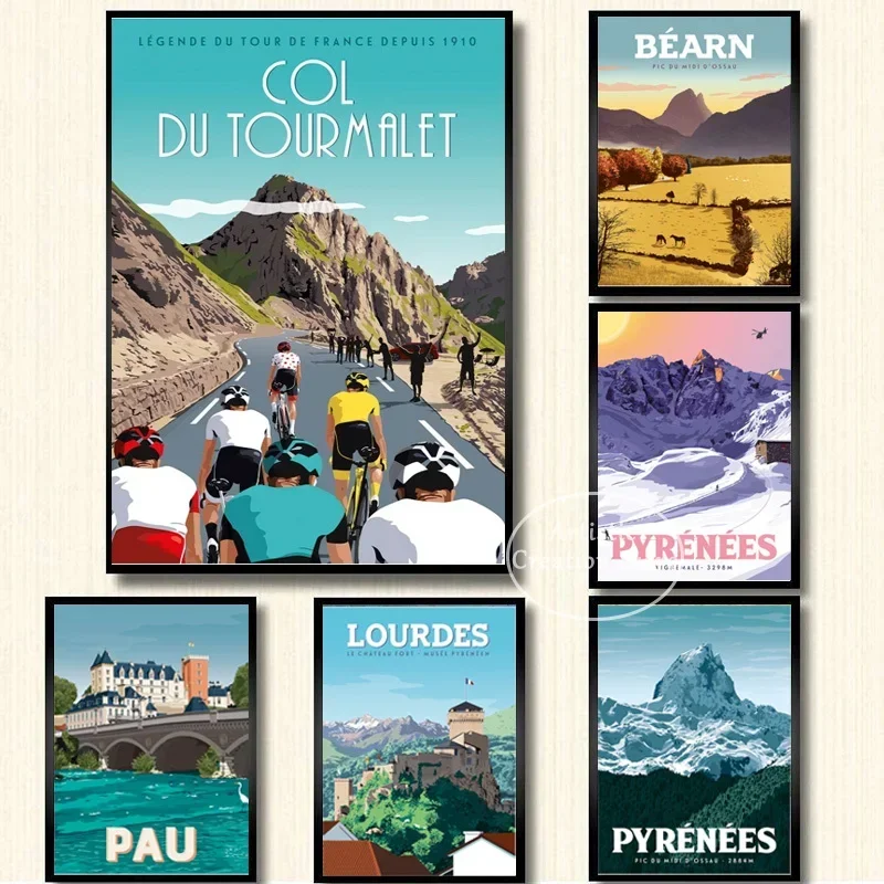 Póster de viaje urbano Vintage, Francia, España, gira en bicicleta, Lourdes, Pyrenees, pintura en lienzo, impresiones, arte de pared de salón, decoración del hogar Gi