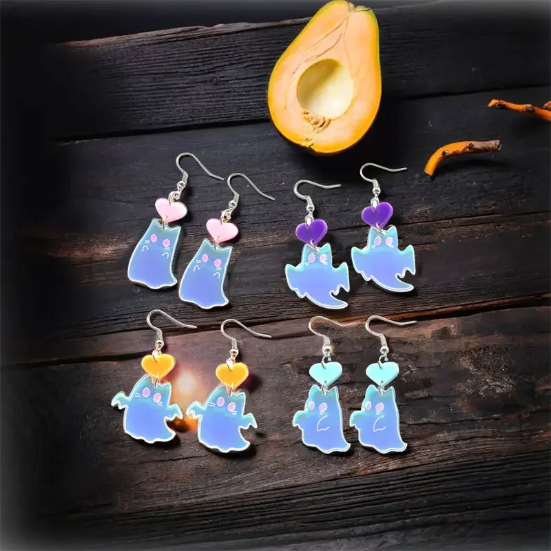4 Pairs Cute Halloween Earrings – Spooky Acrylic Illusion Ghosts with Heart Charms, Fun Party Jewelry for Women