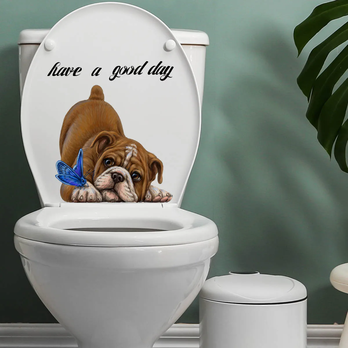 Bulldog Butterfly Toilet Sticker Have A Good Day Wall Stickers Restroom Decorative Butterfly Dog Toilet Stickers Self-adhesive