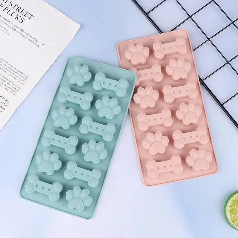 1Pcs Silicone Dog Bone Paw Mold Pink Blue For Dog Biscuits Treats Ice Cubes Chocolate Cake Candy