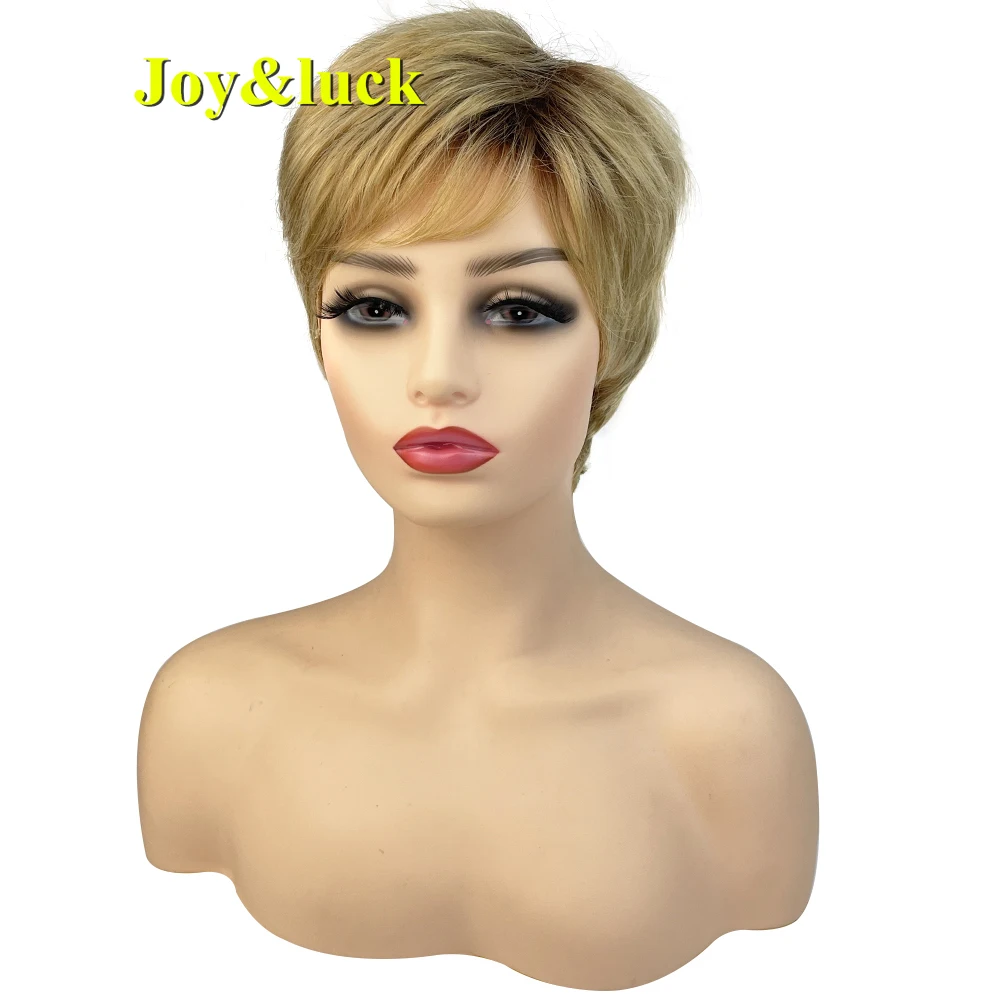 Joy&luck Short Wig Brown Mix Blonde Color Curly Synthetic Wigs For Women Full Wigs With Bangs Hiar Wigs