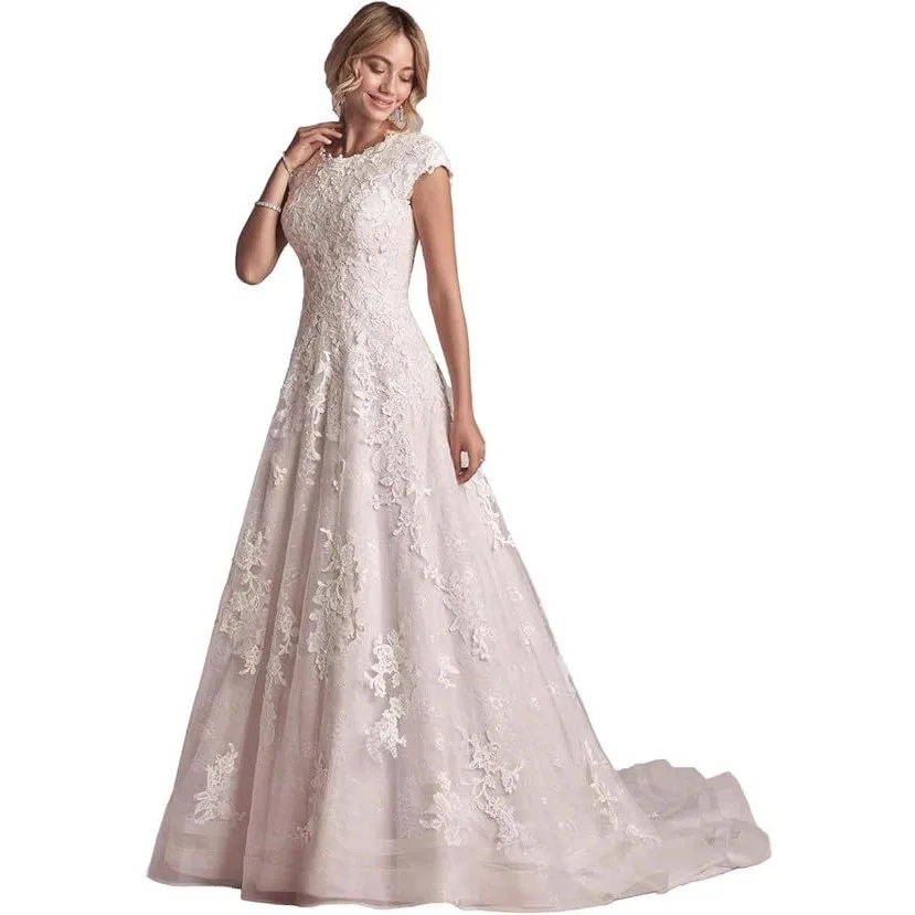 Nouveau Robe de mariée en dentelle à manches courtes, petite queue